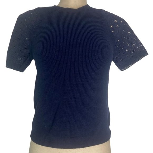 J.CREW Women's Eyelet Lace Sleeve Cotton Knit Navy Short Sleeve Sweater Small - Picture 2 of 11